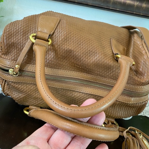 Cynthia Rowley leather satchel snakeskin texture, gold-tone hardware,tassel,Brn - Picture 12 of 17